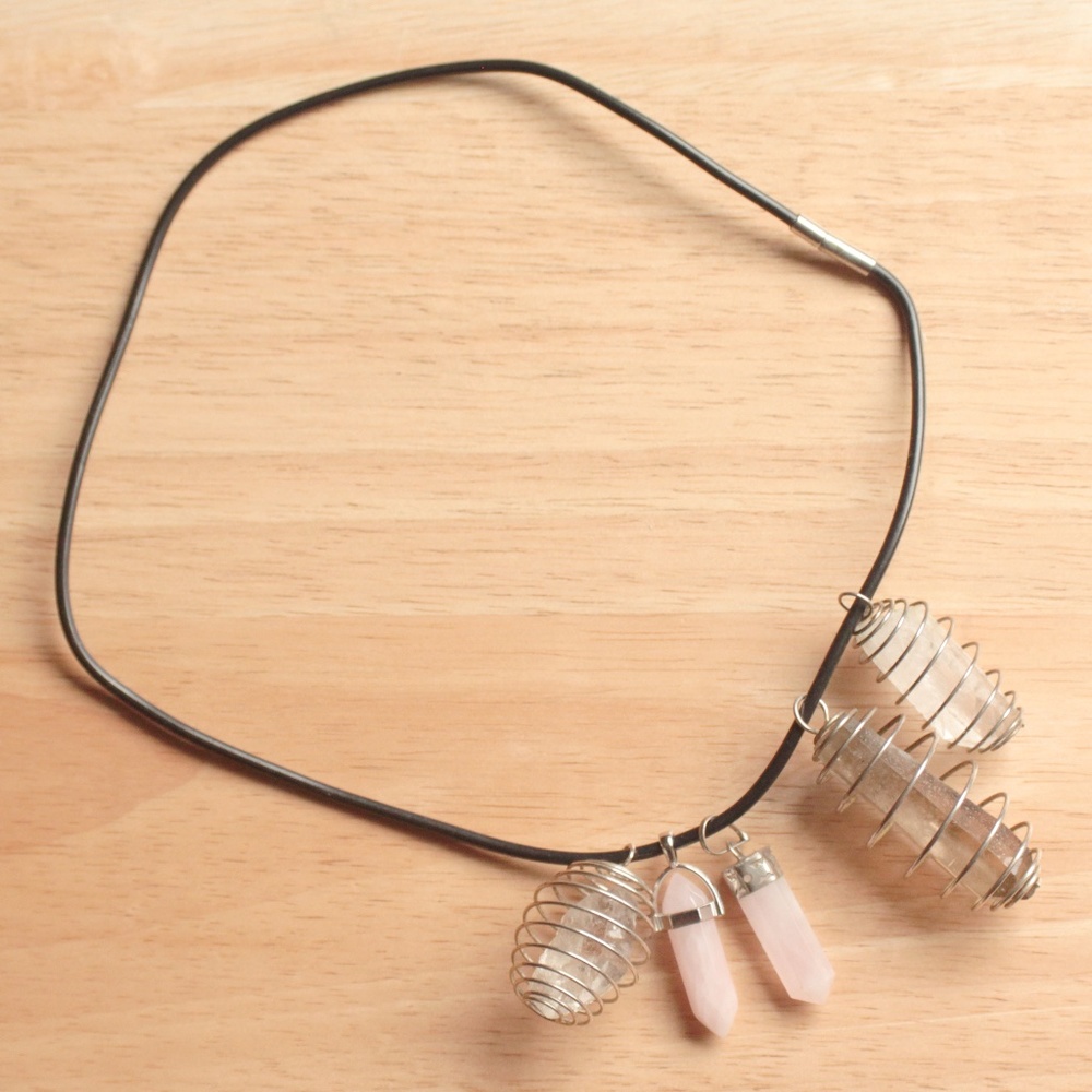 Selenite Five Long Crystal Real Stone Dangle Silver Tone Spiral Wire Necklace